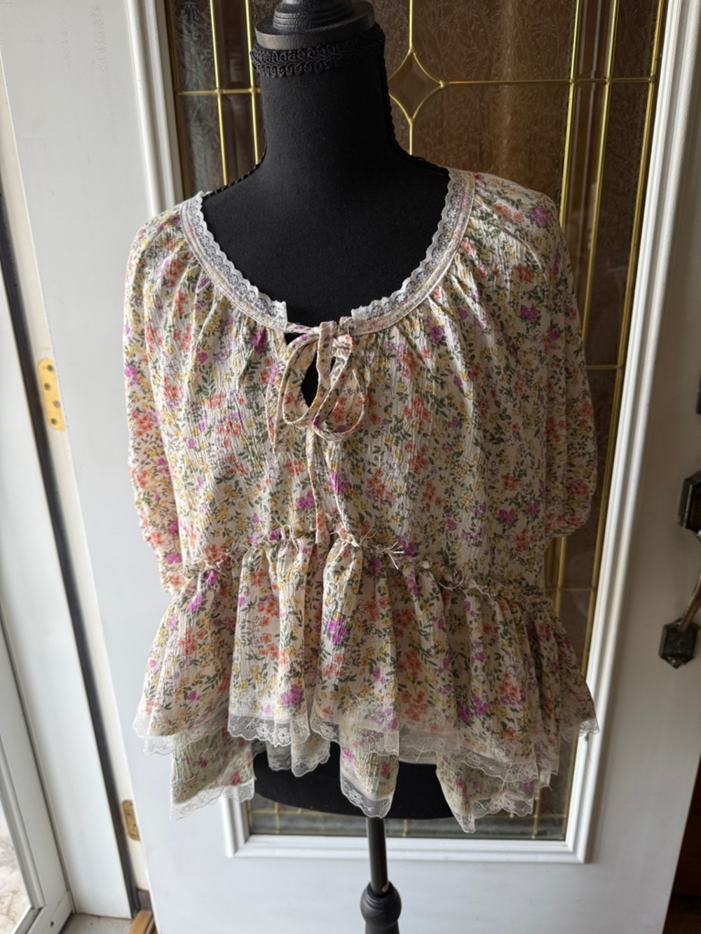 POL Cream Floral Lace babydoll Blouse with Pink & Green Accents